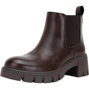 Vepose Women's Brown Faux Chelsea Leather Lug Sole Elastic Slip on Ankle Booties